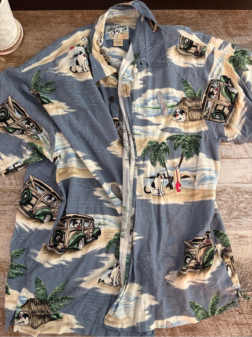 Big Dogs Blue & Cream Tropical Surf Hawaiian Pajama Shirt with Dogs & Woody Cars
